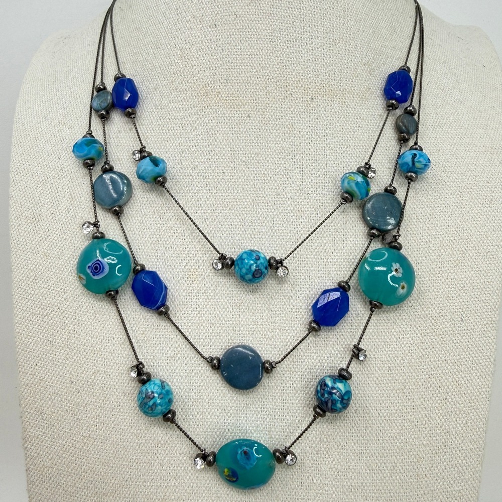 Art Glass Necklace Multi‎ Strand Beaded Blue Silver Tone Rhinestone Layered